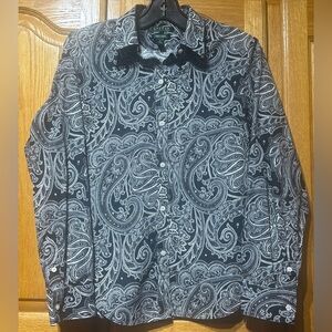 Lauren Ralph Lauren Black and White Paisley Button Up Blouse Non Iron Medium